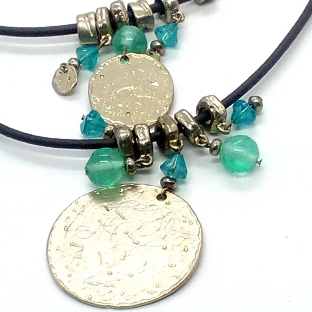 Chico's Layered Disc Pendant Necklace on Brown Faux Leather Cord 18-21